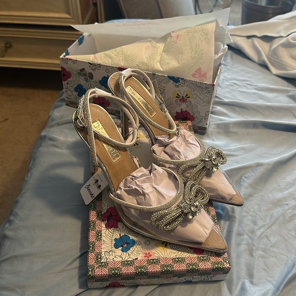 NIB Transparent Pump Rhinestone Strip Bowknot Pointed Toe Stiletto Sandals - Picture 10 of 13